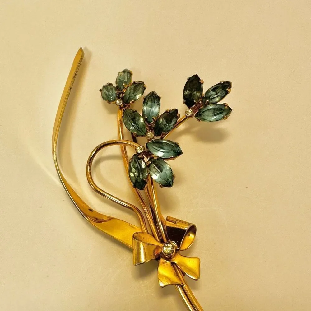 Coro Sterling silver craft gold plated and blue flower rhinestone vintage brooch